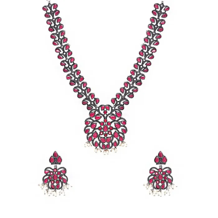 Yellow Chimes Oxidised Jewellery Set for Women Silver Oxidised Jewellery Set Pink Stone Studded Necklace Set for Women and Girls Yellow Chimes Necklaces Yellow Chimes Oxidised Jewellery Set for Women Silver Oxidised Jewellery Set Pink Stone Studded Necklace Set for Women and Girls Yellow Chimes Necklaces