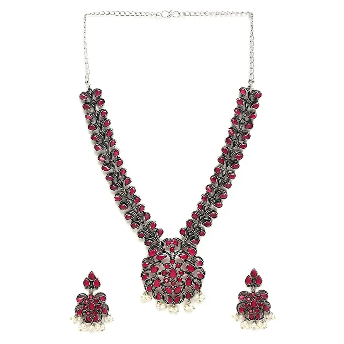 Yellow Chimes Oxidised Jewellery Set for Women Silver Oxidised Jewellery Set Pink Stone Studded Necklace Set for Women and Girls Yellow Chimes Necklaces