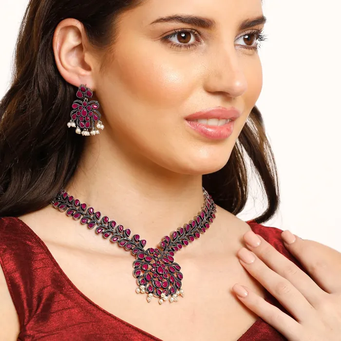 Yellow Chimes Oxidised Jewellery Set for Women Silver Oxidised Jewellery Set Pink Stone Studded Necklace Set for Women and Girls Yellow Chimes Necklaces