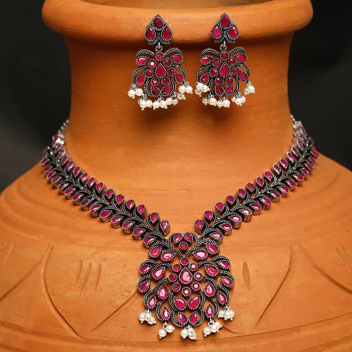 Yellow Chimes Oxidised Jewellery Set for Women Silver Oxidised Jewellery Set Pink Stone Studded Necklace Set for Women and Girls Yellow Chimes Necklaces
