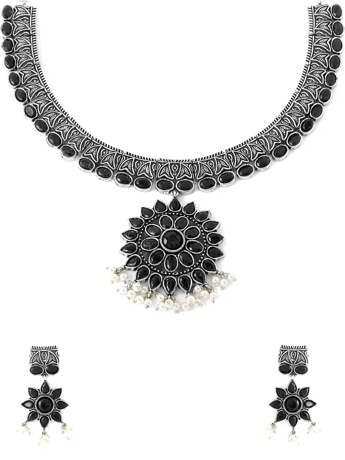 Yellow Chimes Oxidised Silver Jewellary Set for Women Ethnic Black Stone Studed Choker Necklace Set for Women And Girls Yellow Chimes Necklaces Yellow Chimes Oxidised Silver Jewellary Set for Women Ethnic Black Stone Studed Choker Necklace Set for Women And Girls Yellow Chimes Necklaces