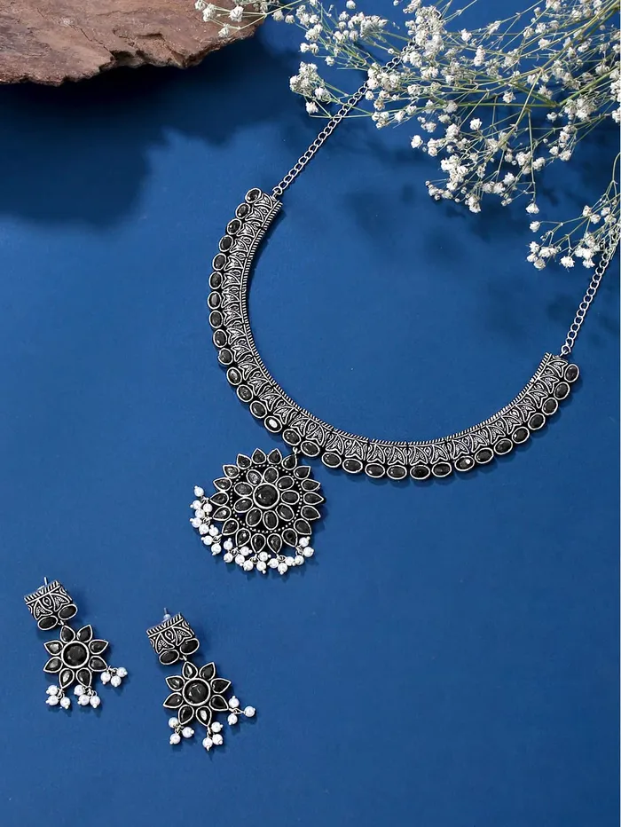 Yellow Chimes Oxidised Silver Jewellary Set for Women Ethnic Black Stone Studed Choker Necklace Set for Women And Girls Yellow Chimes Necklaces