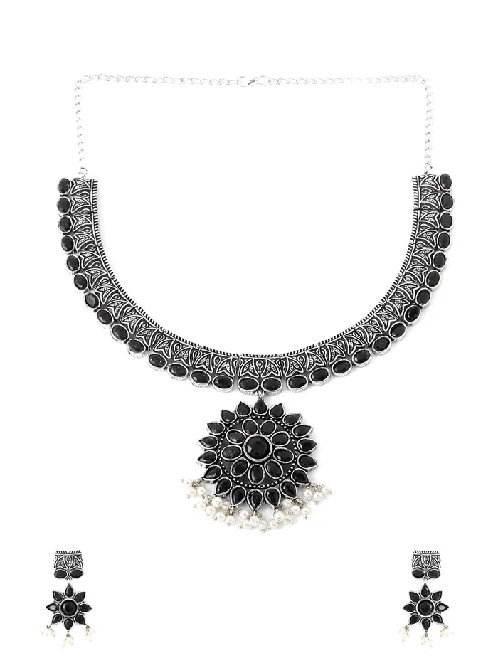 Yellow Chimes Oxidised Silver Jewellary Set for Women Ethnic Black Stone Studed Choker Necklace Set for Women And Girls Yellow Chimes Necklaces