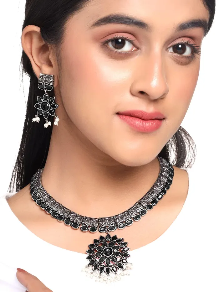 Yellow Chimes Oxidised Silver Jewellary Set for Women Ethnic Black Stone Studed Choker Necklace Set for Women And Girls Yellow Chimes Necklaces