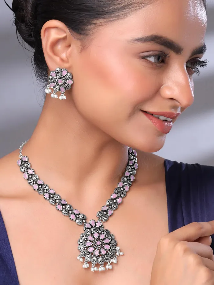 Yellow Chimes Oxidised Silver Jewellery Set For Women Silver Oxidised Plated Necklace Set for Women Pink Stone Studded Traditional Jewellery Sets Birthday Anniversary Gift for Women Wife Yellow Chimes Necklaces