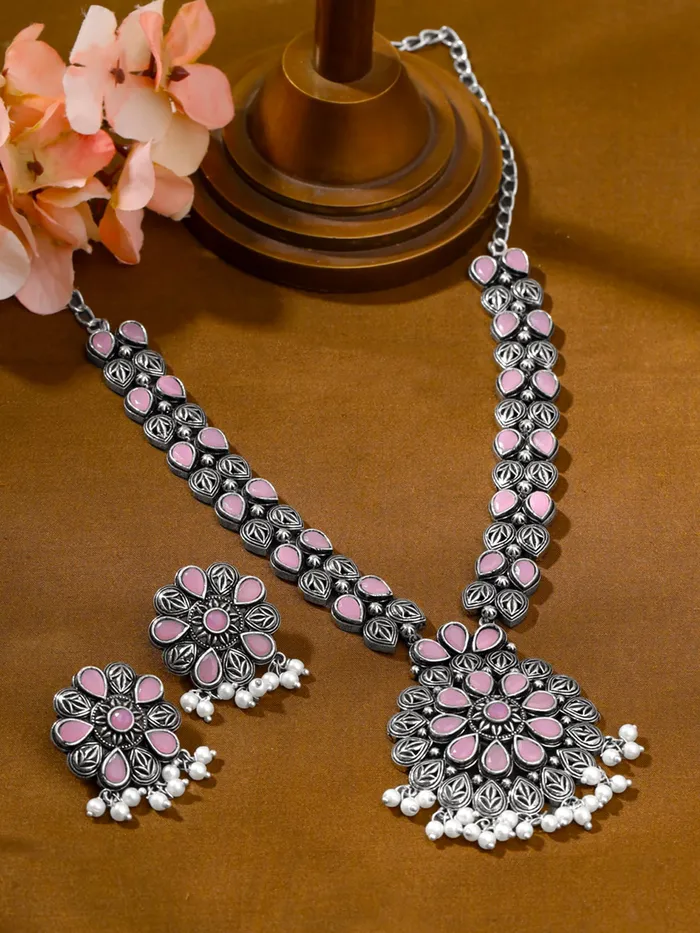 Yellow Chimes Oxidised Silver Jewellery Set For Women Silver Oxidised Plated Necklace Set for Women Pink Stone Studded Traditional Jewellery Sets Birthday Anniversary Gift for Women Wife Yellow Chimes Necklaces
