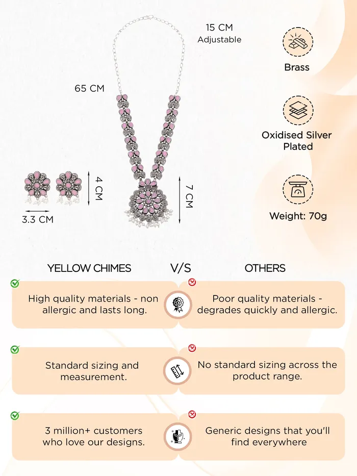 Yellow Chimes Oxidised Silver Jewellery Set For Women Silver Oxidised Plated Necklace Set for Women Pink Stone Studded Traditional Jewellery Sets Birthday Anniversary Gift for Women Wife Yellow Chimes Necklaces
