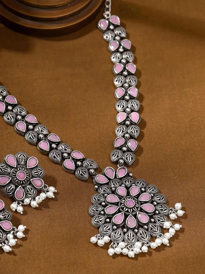 Yellow Chimes Oxidised Silver Jewellery Set For Women Silver Oxidised Plated Necklace Set for Women Pink Stone Studded Traditional Jewellery Sets Birthday Anniversary Gift for Women Wife Yellow Chimes Necklaces