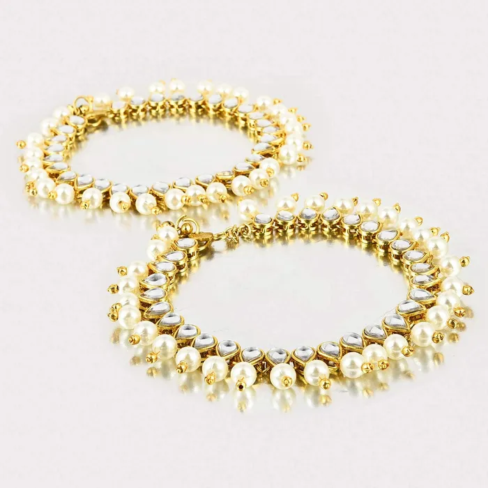 Yellow Chimes Pearl Dropping Kundan Gold Plated Stylish Traditional Payal Anklets for Women and Girls Yellow Chimes Earrings