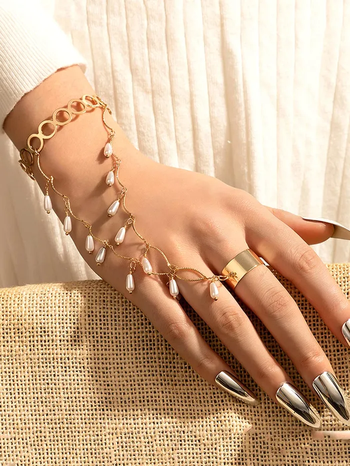 Yellow Chimes Ring Bracelet for Women and Girls Bracelet With Ring for Girls Gold Plated Pearl Drop Chain Ring Bracelet Birthday Gift For Girls and Women Yellow Chimes Earrings