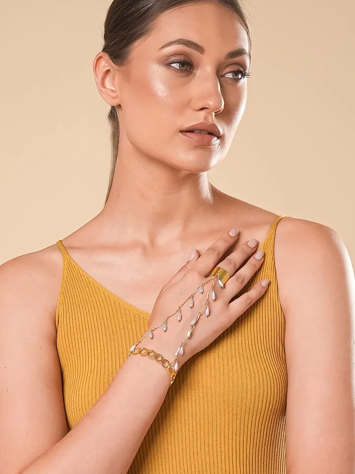Yellow Chimes Ring Bracelet for Women and Girls Bracelet With Ring for Girls Gold Plated Pearl Drop Chain Ring Bracelet Birthday Gift For Girls and Women Yellow Chimes Earrings