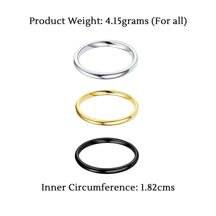 Yellow Chimes Ring for Women Set of 3 Plain Gold Silver and Black Band Designed Ring for Women and GirlsSize US 8 Yellow Chimes Earrings