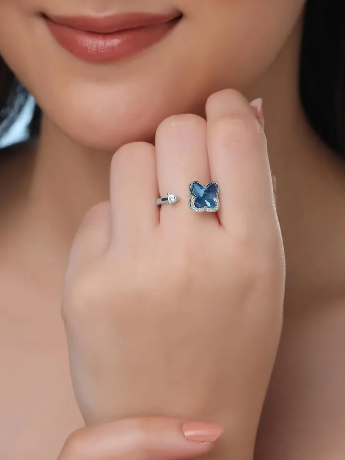 Yellow Chimes Rings Crystal Rings Adjustable Blue Butterfly Ring Cubic Zirconia Size 7 Rhodium Plated