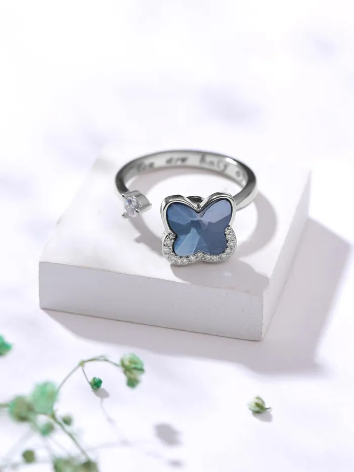 Yellow Chimes Rings Crystal Rings Adjustable Blue Butterfly Ring Cubic Zirconia Size 7 Rhodium Plated