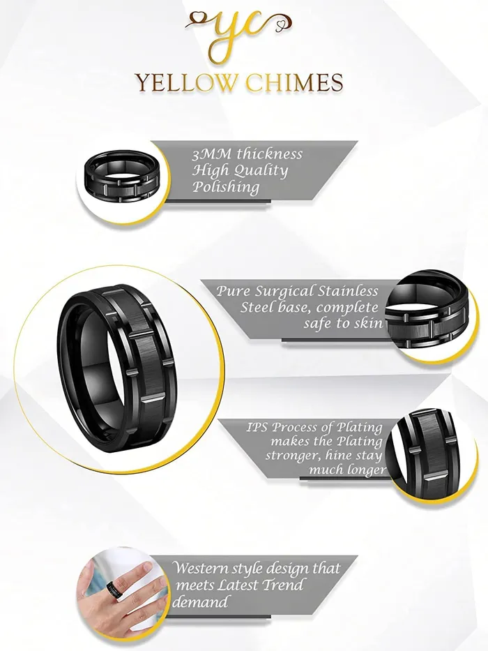 Yellow Chimes Rings for Men Black Colored Stainless Steel Band designed High polished Ring for Boys and Men Yellow Chimes Necklaces