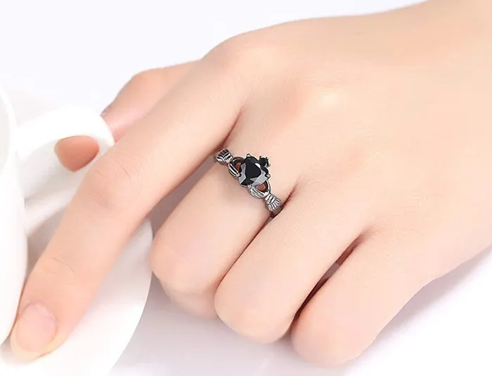 Yellow Chimes Rings for Women Elegant Black Gun Plating Crystal Black Stoned Cut Heart Ring for Women Girls Size US 8 Yellow Chimes Rings
