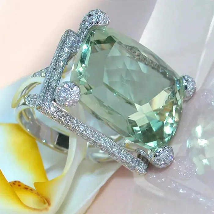 Yellow Chimes Rings for Women Silver Plated Natural Light Green Emerald Gemstones Square Shaped Crystal Rings for Women and Girls Size 6 Yellow Chimes Rings