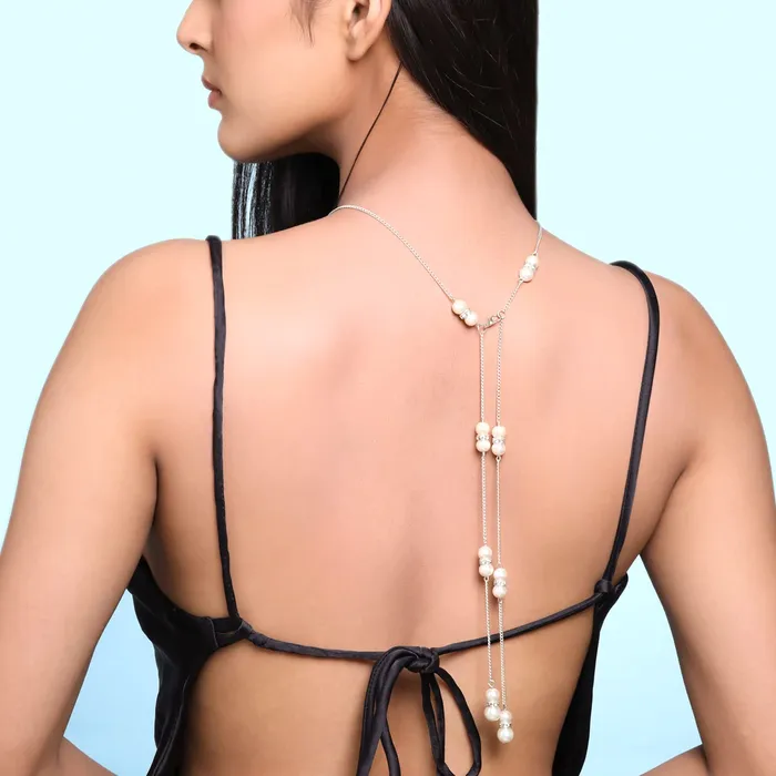 Yellow Chimes Rings Yellow Chimes Back Necklace For Women Gold Toned Pearl Beaded Body Chain With Necklace For Women and Girls