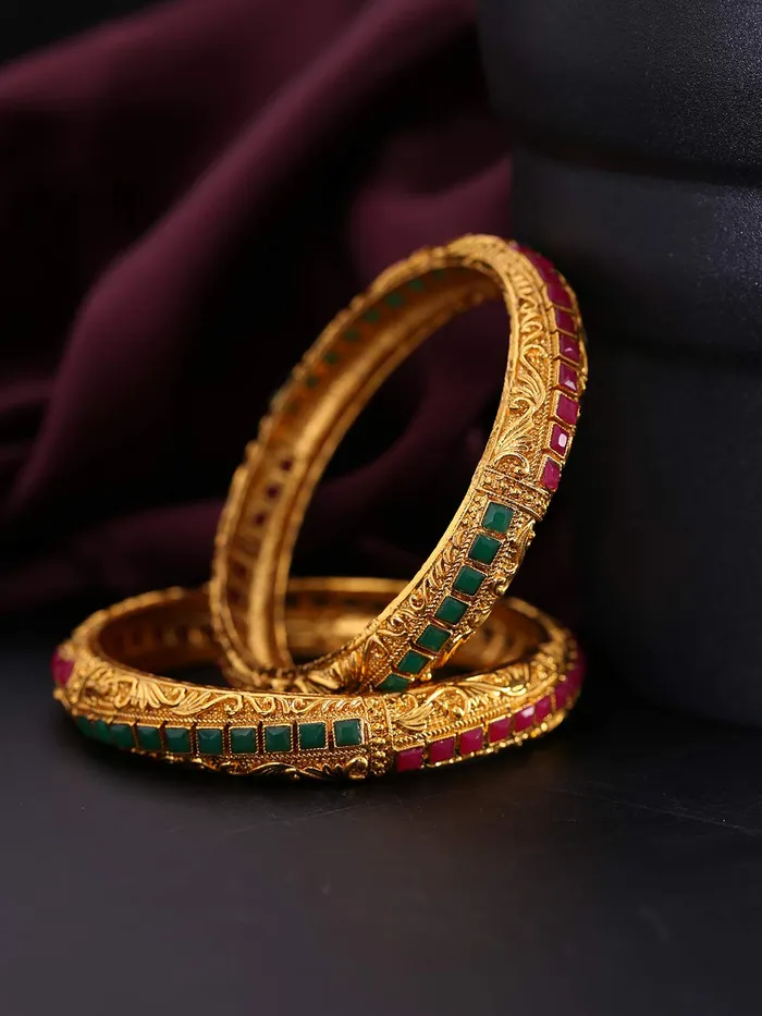 Yellow Chimes Rings Yellow Chimes Classic Design Studded Stones 2 PCs Traditional Gold Plated Bracelet Bangles Set for Women and Girls 28