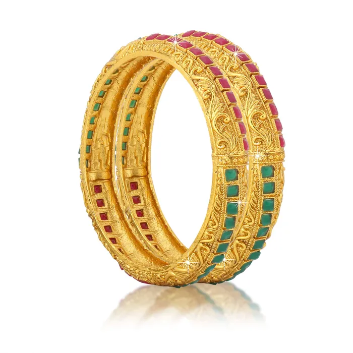 Yellow Chimes Rings Yellow Chimes Classic Design Studded Stones 2 PCs Traditional Gold Plated Bracelet Bangles Set for Women and Girls 28