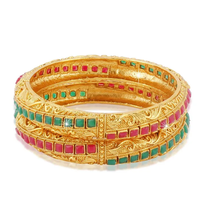 Yellow Chimes Rings Yellow Chimes Classic Design Studded Stones 2 PCs Traditional Gold Plated Bracelet Bangles Set for Women and Girls 28