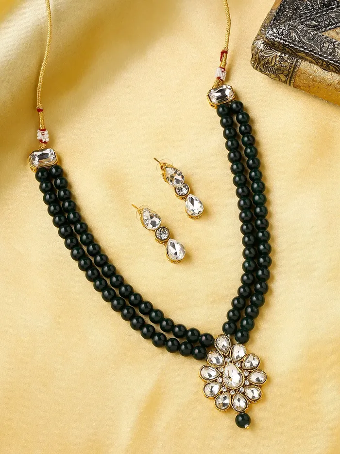 Yellow Chimes Rings Yellow Chimes Jewellery Set for Women and Girls Traditional Green Beads Necklace Set for Women Gold Plated Choker Necklace Set Birthday Gift for girls women Anniversary Gift for Wife