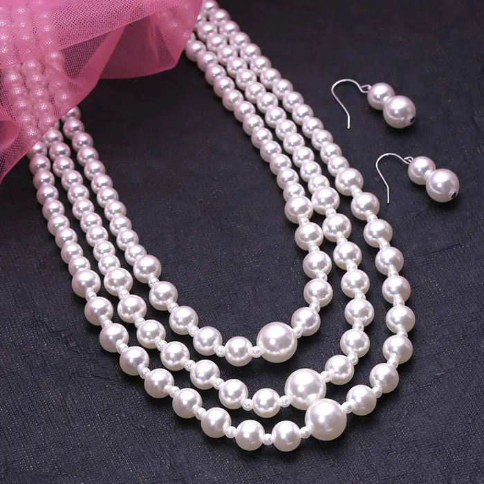 Yellow Chimes Rings Yellow Chimes Latest Fashion White Pearl Royal Style Multilayer Necklace Set with Earrings for Women Girls