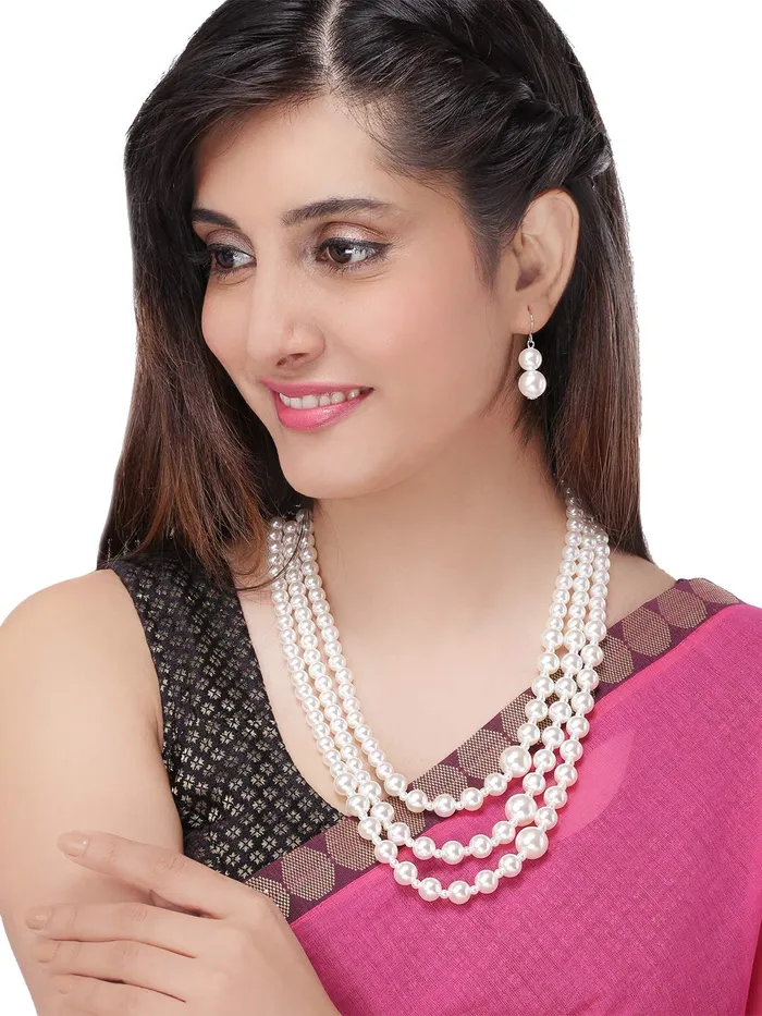 Yellow Chimes Rings Yellow Chimes Latest Fashion White Pearl Royal Style Multilayer Necklace Set with Earrings for Women Girls