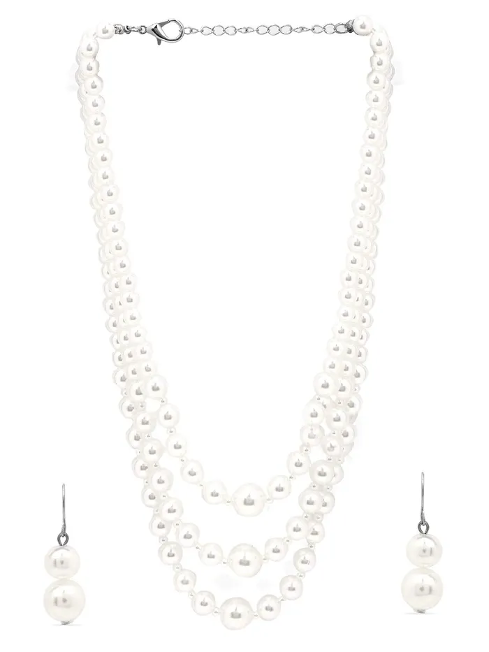Yellow Chimes Rings Yellow Chimes Latest Fashion White Pearl Royal Style Multilayer Necklace Set with Earrings for Women Girls