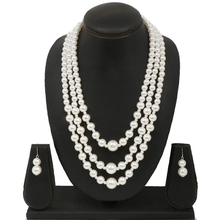 Yellow Chimes Rings Yellow Chimes Latest Fashion White Pearl Royal Style Multilayer Necklace Set with Earrings for Women Girls