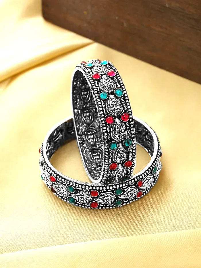 Yellow Chimes Rings Yellow Chimes Oxidised Bangles Set for Women Authentic Kolhapuri Work Handmade Kundan Studded Silver Oxidized Bangles Sets for Women and Girls