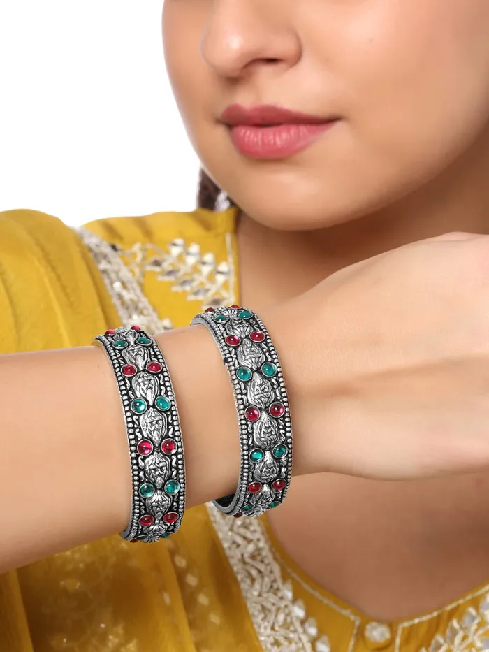 Yellow Chimes Rings Yellow Chimes Oxidised Bangles Set for Women Authentic Kolhapuri Work Handmade Kundan Studded Silver Oxidized Bangles Sets for Women and Girls