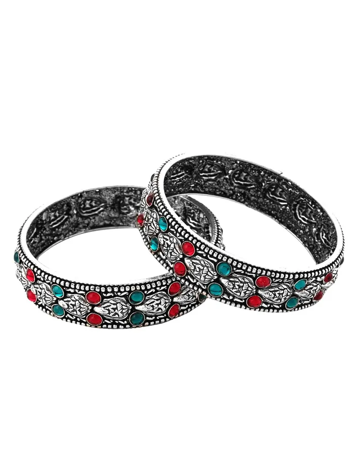 Yellow Chimes Rings Yellow Chimes Oxidised Bangles Set for Women Authentic Kolhapuri Work Handmade Kundan Studded Silver Oxidized Bangles Sets for Women and Girls