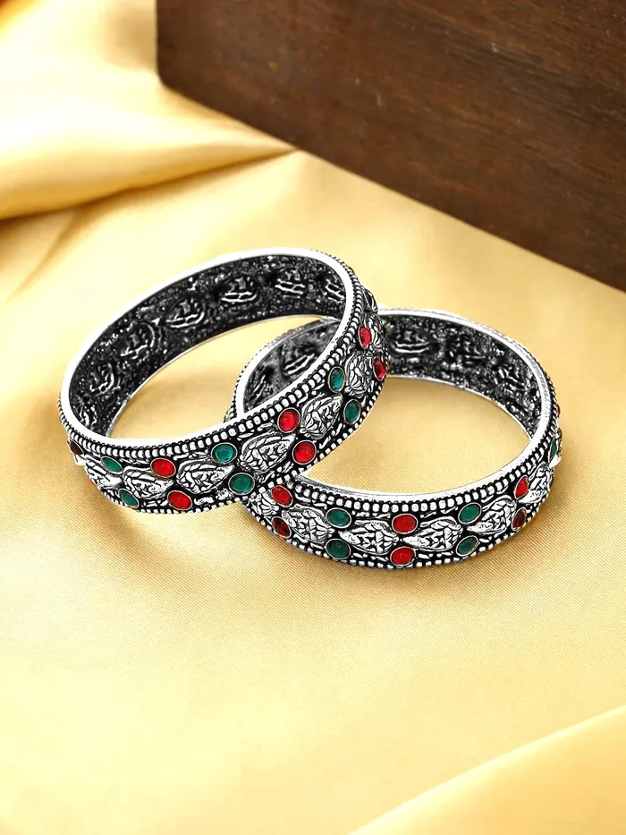 Yellow Chimes Rings Yellow Chimes Oxidised Bangles Set for Women Authentic Kolhapuri Work Handmade Kundan Studded Silver Oxidized Bangles Sets for Women and Girls