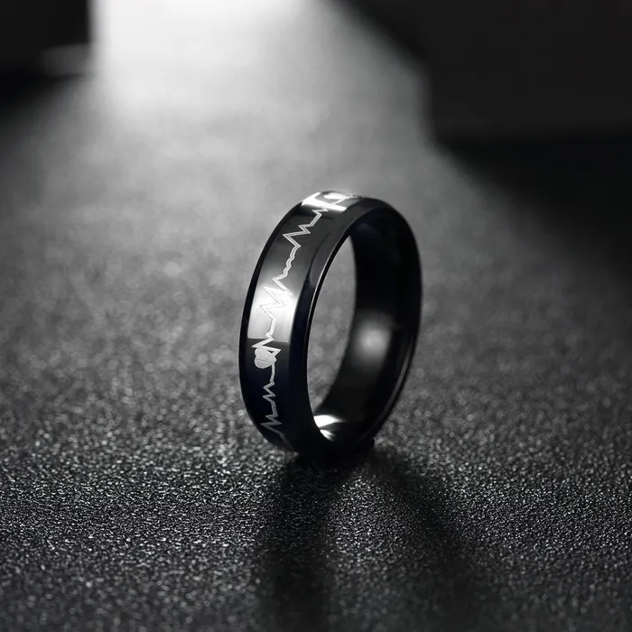 Yellow Chimes Rings Yellow Chimes Rings for Men Black Colored Band Heartbeat Designed Stainless Steel Ring for Men and Boys
