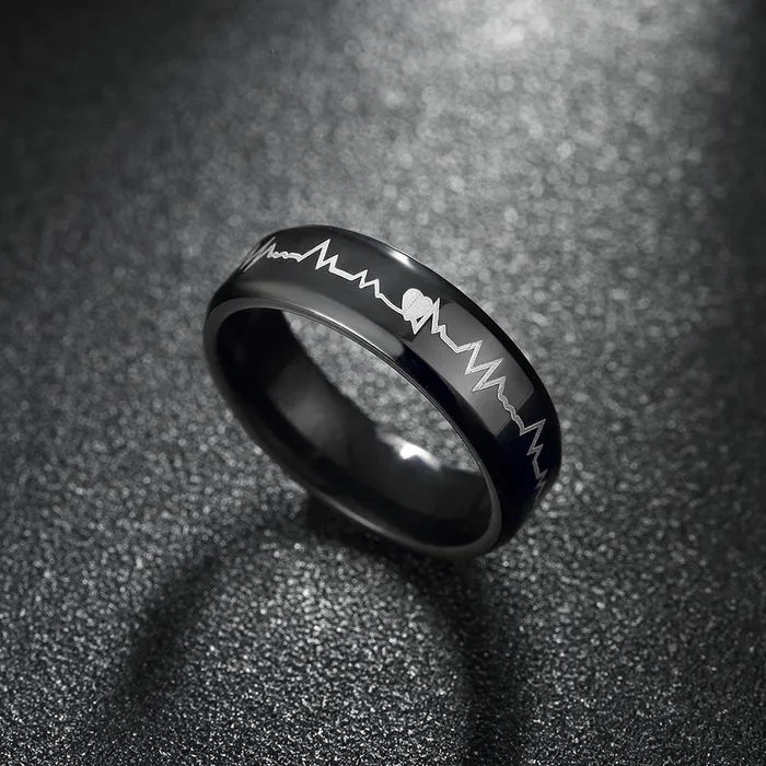 Yellow Chimes Rings Yellow Chimes Rings for Men Black Colored Band Heartbeat Designed Stainless Steel Ring for Men and Boys