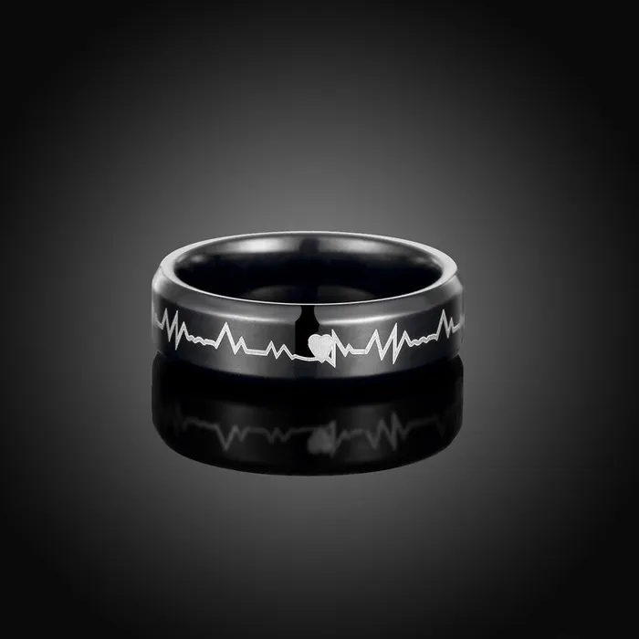 Yellow Chimes Rings Yellow Chimes Rings for Men Black Colored Band Heartbeat Designed Stainless Steel Ring for Men and Boys