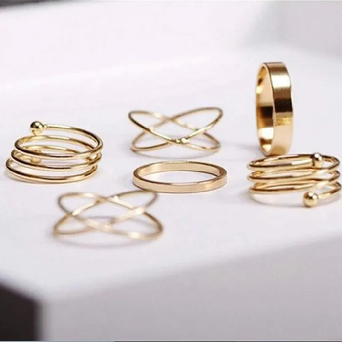 Yellow Chimes Rings Yellow Chimes Rings for Women 6 Pcs Ring Set Elegant Stratchable Spring Mid Finger Band Golden Knuckle Rings for Women and Girls