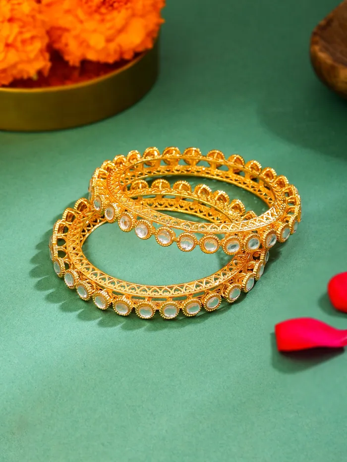 Yellow Chimes Set of 2 Gold Plated Stone Studded Bangles for Women Adjustable Size Elegant Design Gold Earrings
