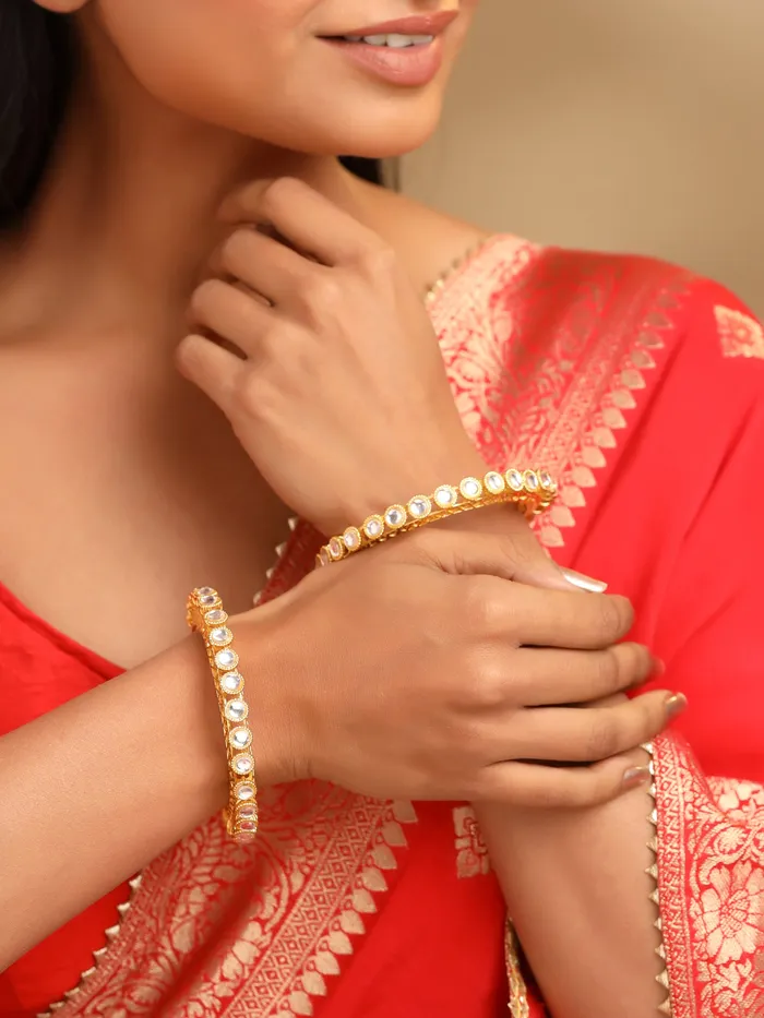 Yellow Chimes Set of 2 Gold Plated Stone Studded Bangles for Women Adjustable Size Elegant Design Gold Earrings