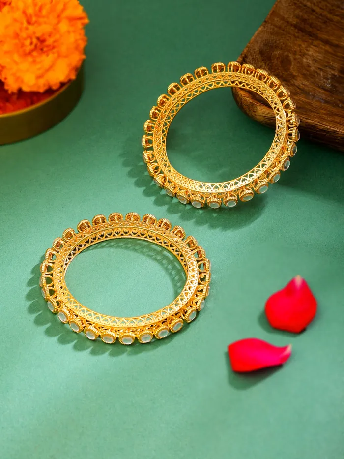 Yellow Chimes Set of 2 Gold Plated Stone Studded Bangles for Women Adjustable Size Elegant Design Gold Earrings
