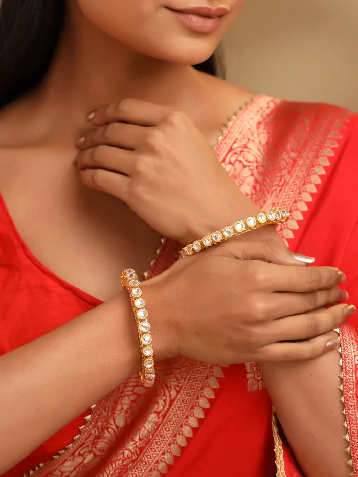 Yellow Chimes Set of 2 Gold Plated Stone Studded Bangles for Women Adjustable Size Elegant Design Gold Earrings