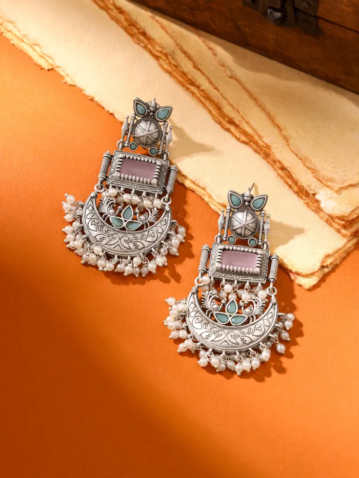Yellow Chimes Silver Oxidised Dangler Earrings with Vibrant Stones 78 CM Traditional Afghani Style Earrings