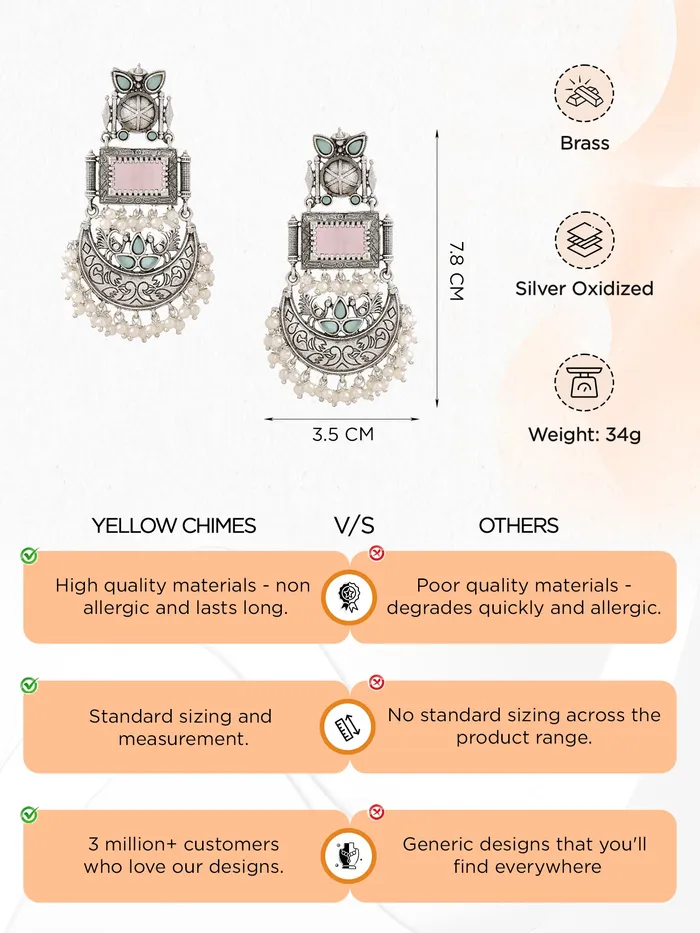 Yellow Chimes Silver Oxidised Dangler Earrings with Vibrant Stones 78 CM Traditional Afghani Style Earrings