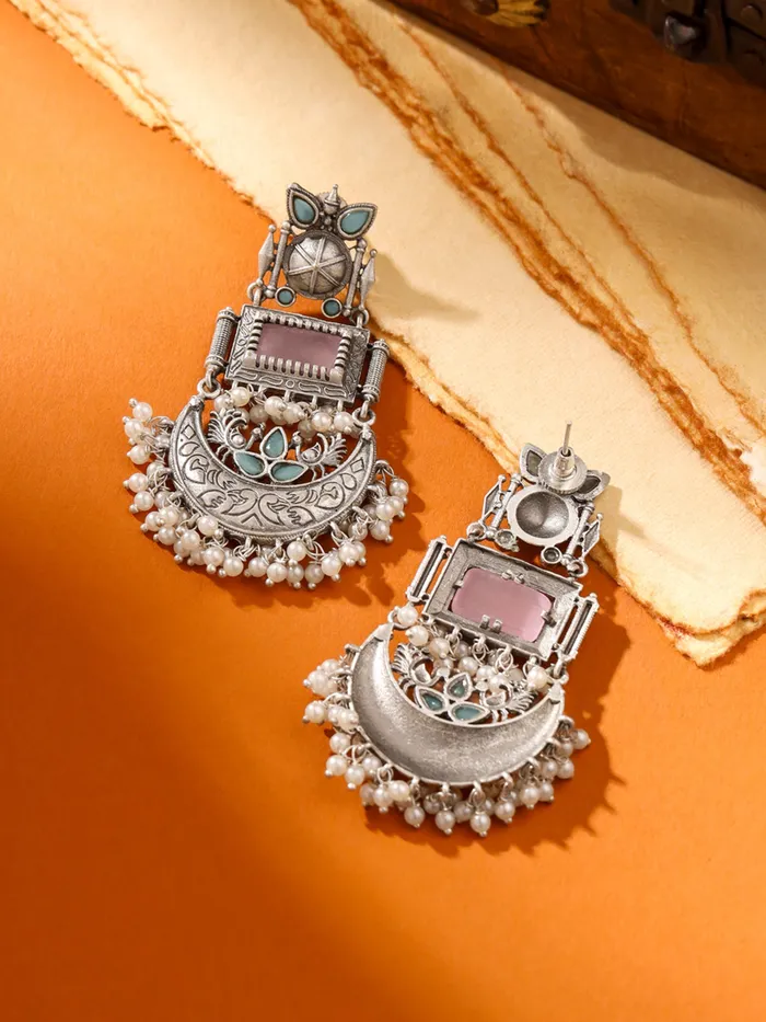 Yellow Chimes Silver Oxidised Dangler Earrings with Vibrant Stones 78 CM Traditional Afghani Style Earrings