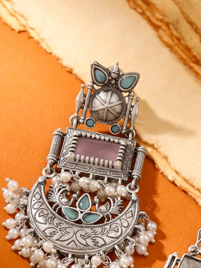 Yellow Chimes Silver Oxidised Dangler Earrings with Vibrant Stones 78 CM Traditional Afghani Style Earrings