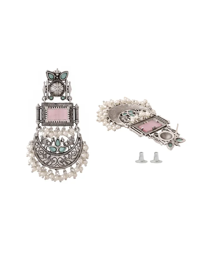 Yellow Chimes Silver Oxidised Dangler Earrings with Vibrant Stones 78 CM Traditional Afghani Style Earrings