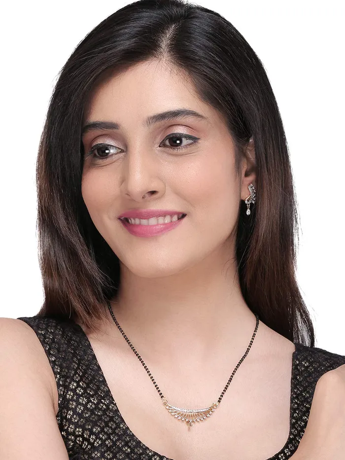 Yellow Chimes Sparkling ADAmerican Diamond Studded Ethnic Traditional Black Beads Designer Mangalsutra Pendant Set with Earrings for Women Yellow Chimes Earrings