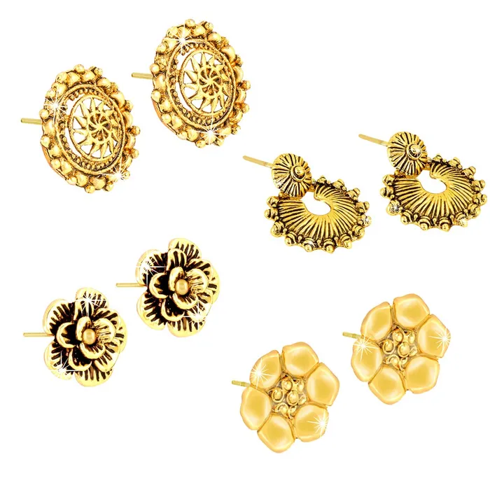 Yellow Chimes Stylish COMBO 4 Pairs of Oxidized Gold Plated Designer Traditional Studs Earrings for Women and Girls Combo3 Yellow Chimes Necklaces