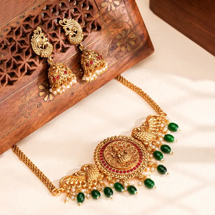 Yellow Chimes Temple Jewellery Set Gold Toned Choker Necklace Earrings 42cm For Women Girls Necklaces